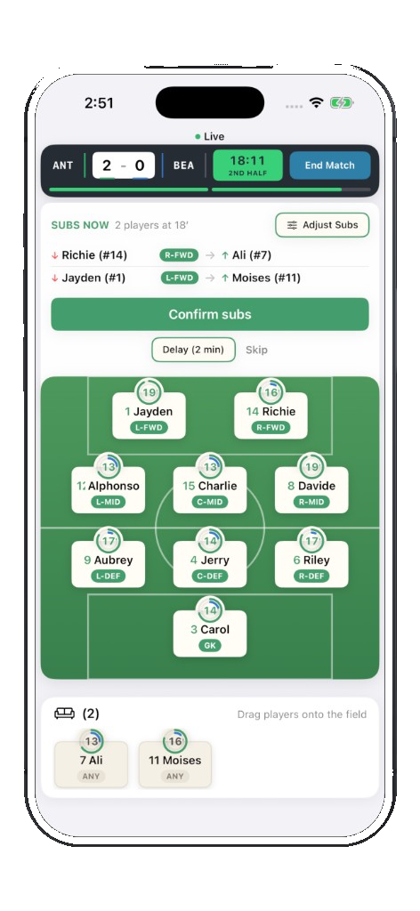 Rotaru Live Match screen showing scoreboard, pending substitutions, and field positions