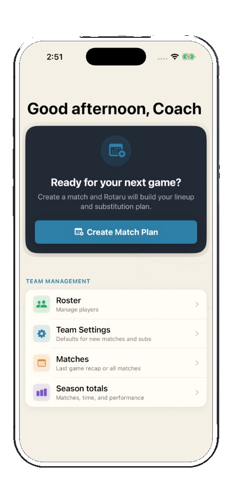 Rotaru home screen with Create Match Plan and team management options