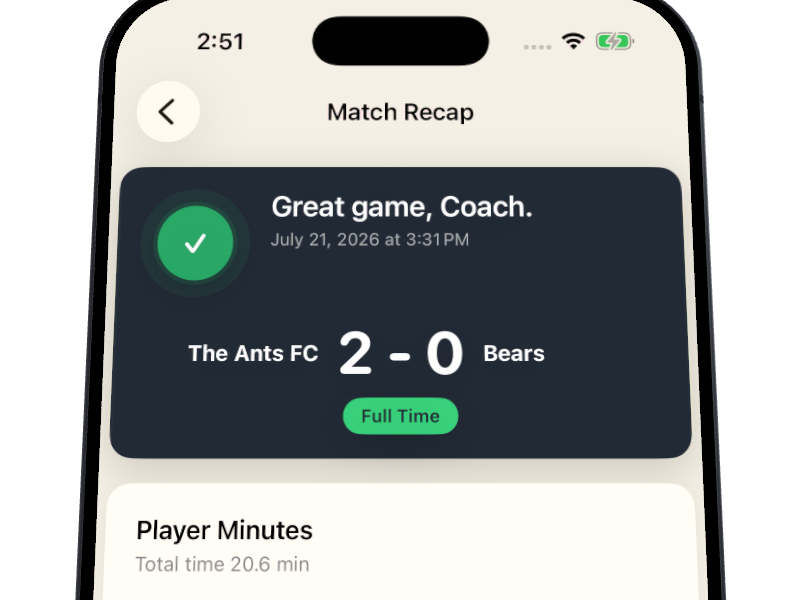 Rotaru Match Recap screen showing final score and player minutes