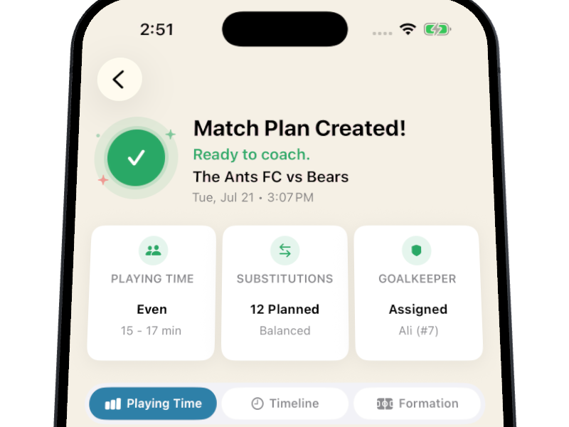 Rotaru Match Plan Created screen showing playing time, substitutions, and goalkeeper summary